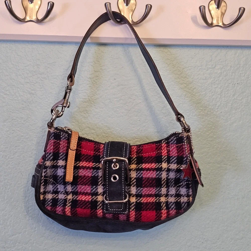 Coach‎ Soho Plaid Wool Suede Demi Bag 7570 Y2K Red Black Star Charm 2004